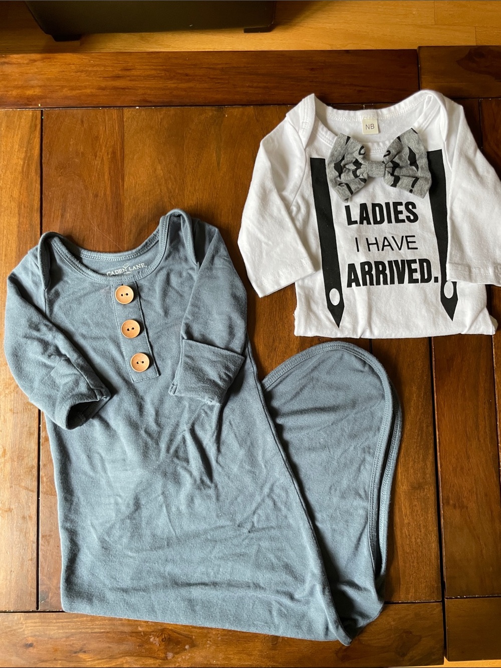 Caden Lane Gray Blue Knotted Romper and White Graphic Bodysuit Set